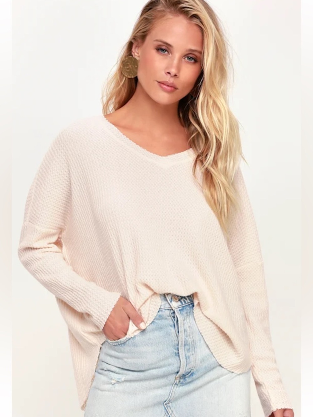 Lulus Basics Only For You Blush Ivory Knit LongSleeve Waffle Knit V-Neck Raw Hem